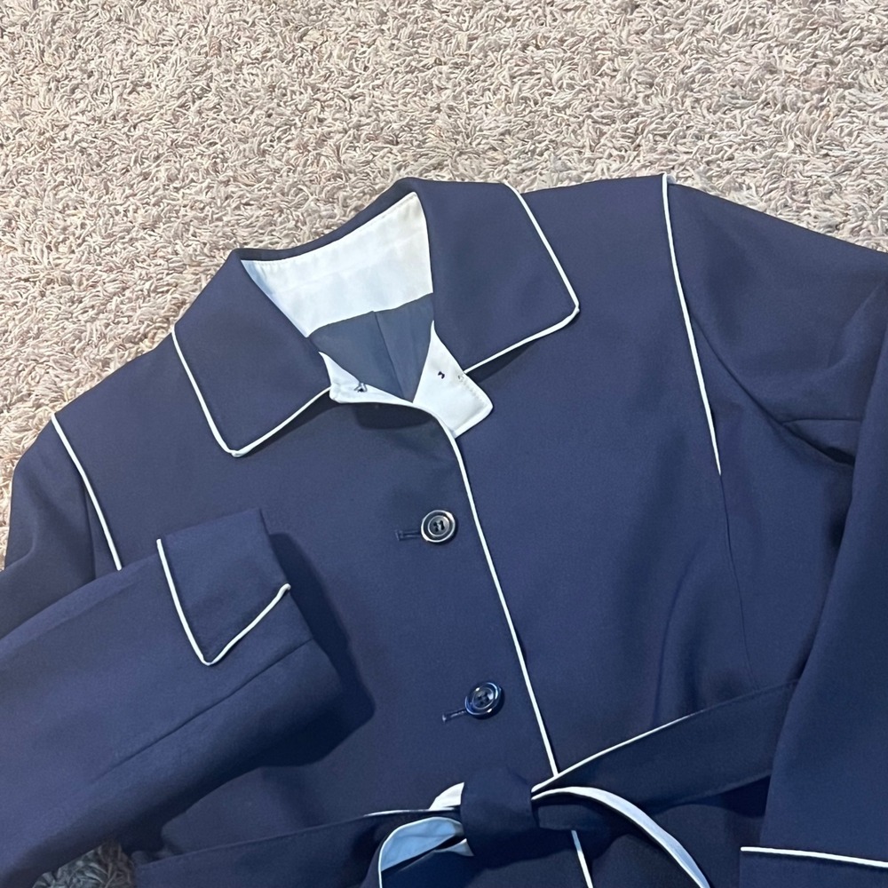 Vintage Bonders Navy Blue Trench Coat White Piping Belted Rain Jacket USA Made
